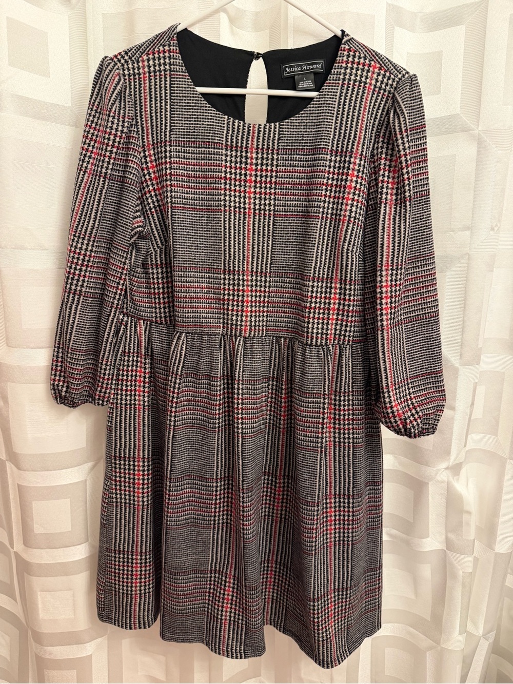 Jessica Howard black red cream plaid tweed dress long sleeve size large